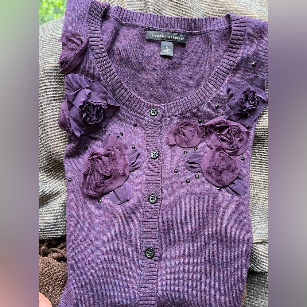 Banana Republic Dark Purple Rosette Cardigan Size Medium.